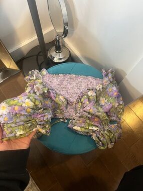 SHEIN Lavender Floral Smocked Puff Sleeve Crop Top